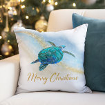 Merry Christmas Beach Coastal Sea Turtle Throw Pillow<br><div class="desc">Perfect for holiday home decor or gifts, this coastal themed Christmas pillow features a watercolor turquoise blue sea turtle on an abstract beach background with a faux gold glitter sparkly wave, and gold Merry Christmas. Check out the collection for more matching products, or contact me through Zazzle Chat if you...</div>
