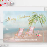 Merry Christmas Beach Flamingo Budget FLAT Holiday<br><div class="desc">Merry Christmas on this lovely Watercolor Beach -- peaceful and gentle scene with two beach chairs -- friendly flamingo with lovely wreath -- Palm tree with a few ornaments.  Also available in different paper weights -- your selection.</div>