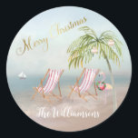 Merry Christmas Beach Flamingo Wreath Unique  Classic Round Sticker<br><div class="desc">Merry Christmas on this lovely Watercolor Beach -- peaceful and gentle scene with two beach chairs -- friendly flamingo with lovely wreath -- Palm tree with a few ornaments.   Any design questions,  just send an email to charmdesignstudio@rcn.com and we'll be delighted to assist.</div>