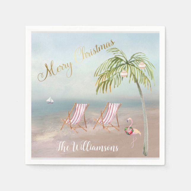 Merry Christmas Beach Flamingo Wreath Unique   Napkins (Front)