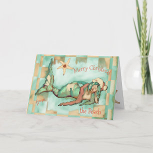 Merry Christmas Beach Mermaid Santa Hat Personaliz Holiday Card