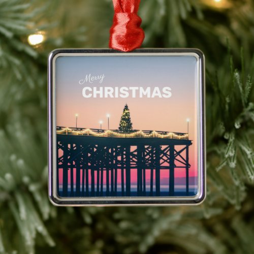 Merry Christmas Beach Pier Sunset San Diego PB Metal Ornament