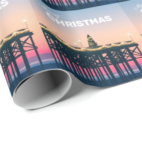Merry Christmas Beach Pier Sunset San Diego Wrapping Paper