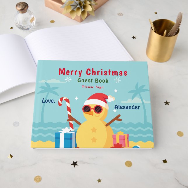 Merry Christmas Beach Santa Fun Personalize Guest Book (Front Open)