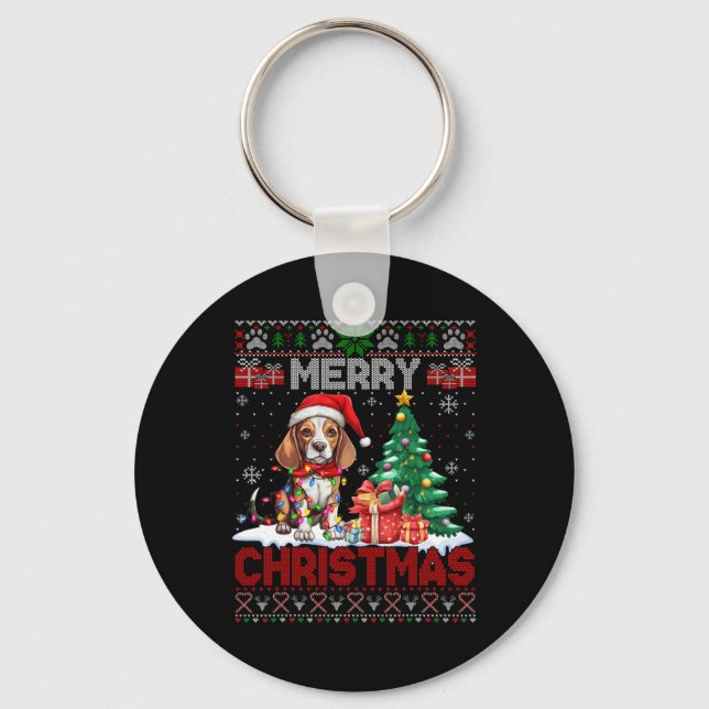 Merry Christmas Beagle Dog Lover Ugly Xmas Sweater Keychain (Front)