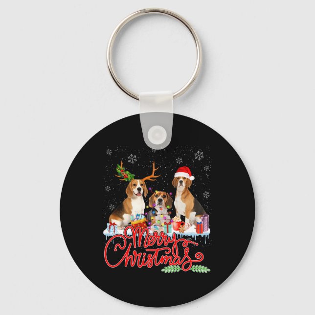 Merry Christmas Beagle Dog Santa Reindeer Light Xm Keychain (Front)