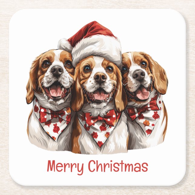 Merry Christmas Beagle Dogs Square Paper Coaster (Front)