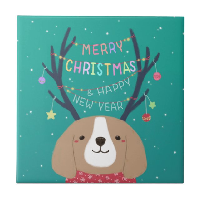 Merry Christmas: Beagle Illustration Art Ceramic Tile (Front)
