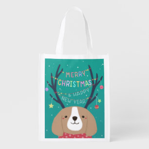 Merry Christmas: Beagle Illustration Art Grocery Bag
