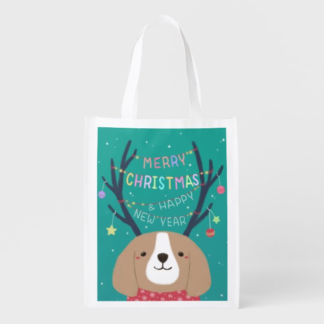 Merry Christmas: Beagle Illustration Art Grocery Bag (Front)