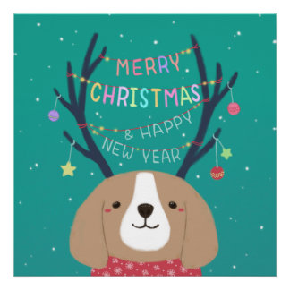 Merry Christmas: Beagle Illustration Art Poster