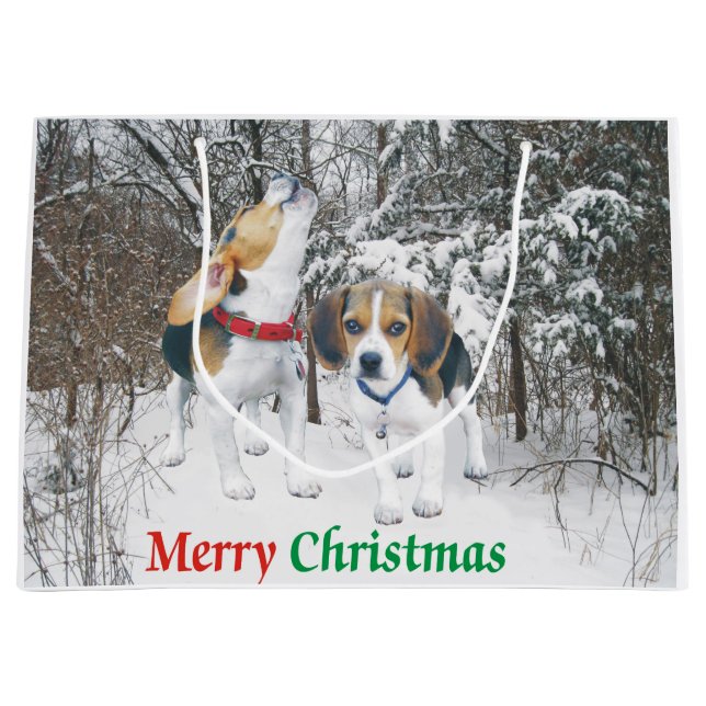 Merry Christmas Beagle Pups Snowy Gift Bag (Front)