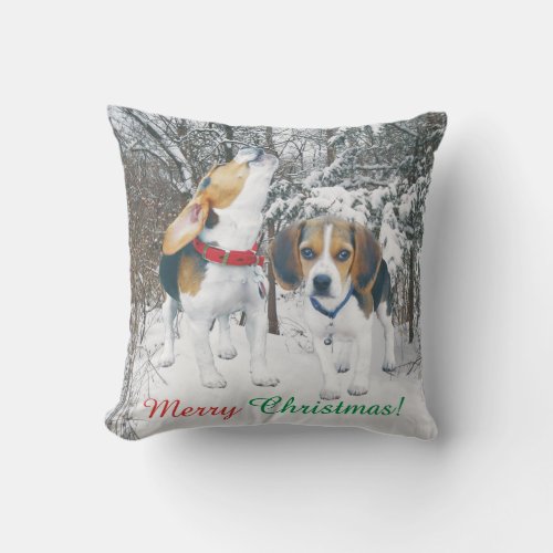 Merry Christmas Beagle Pups Snowy Woods Throw Pillow