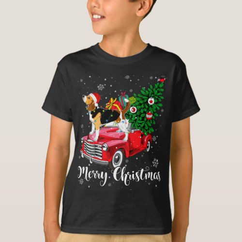 Merry Christmas Beagle Santa Light Red Truck Xmas  T_Shirt