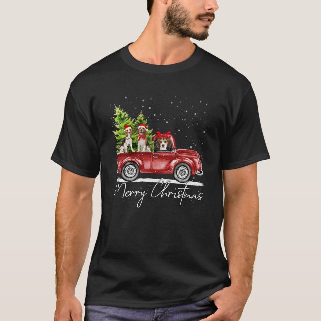 Merry Christmas Beagle Santa Red Truck Xmas Light  T-Shirt (Front)