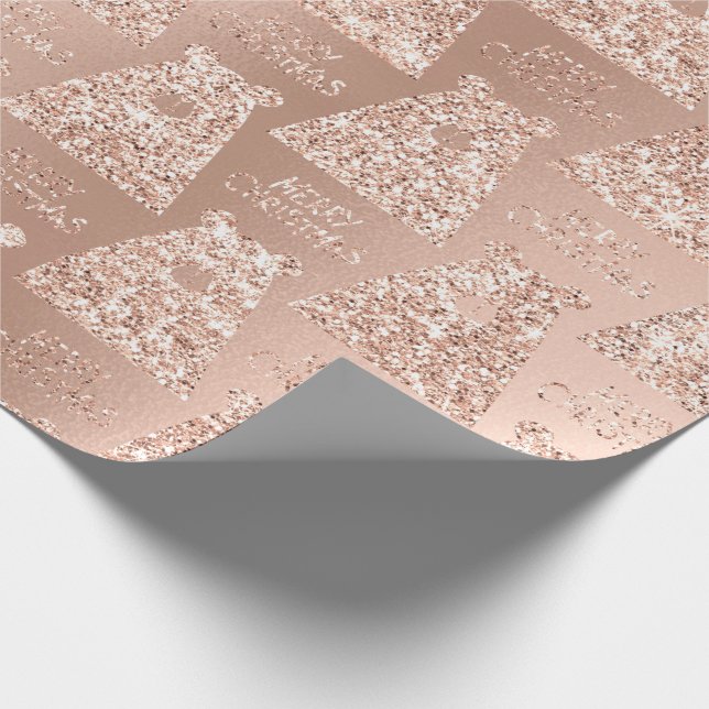 Merry Christmas Bear Black Blush Rose Gold Glitter Wrapping Paper (Corner)
