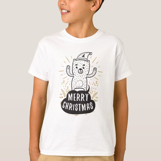 Merry Christmas Bear Black Gold Cartoon Funny T-Shirt (Front)