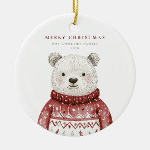 Merry Christmas Bear in a Sweater Ceramic Ornament