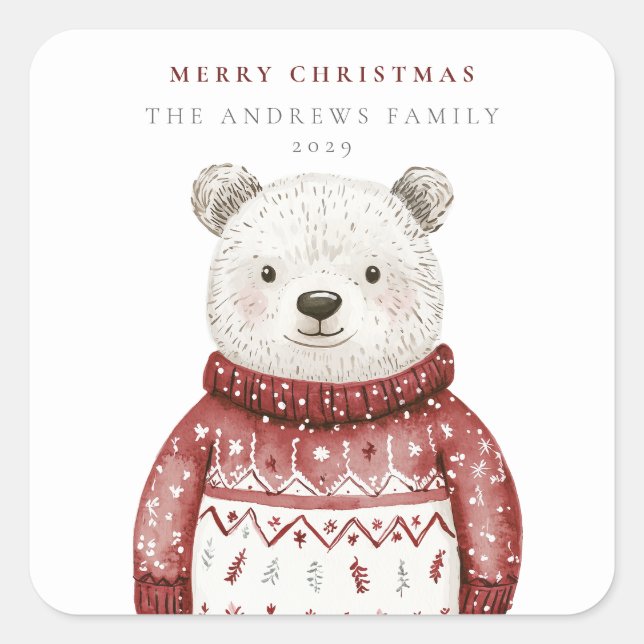 Merry Christmas Bear in a Sweater Square Sticker (Front)