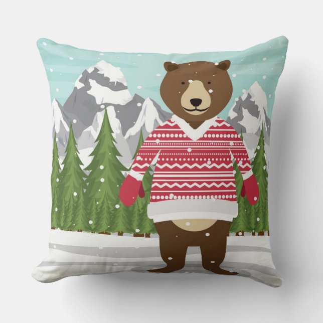 Merry Christmas Bear In A Sweater Throw Pillow (Front)