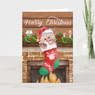 Merry Christmas Bear Stocking Fireplace Mantle Holiday Card