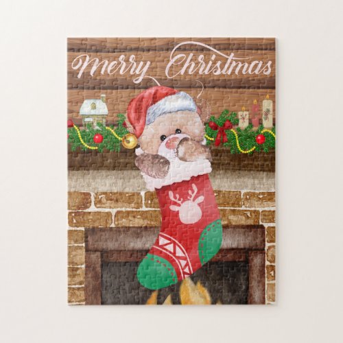 Merry Christmas Bear Stocking Fireplace Mantle   Jigsaw Puzzle