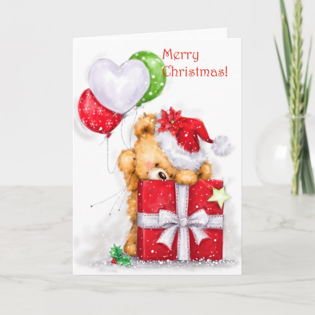 Merry Christmas, Bear with Present and Balloons Card (Front)