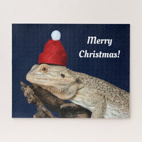 Merry Christmas Bearded Dragon in a Santa Hat Jigsaw Puzzle