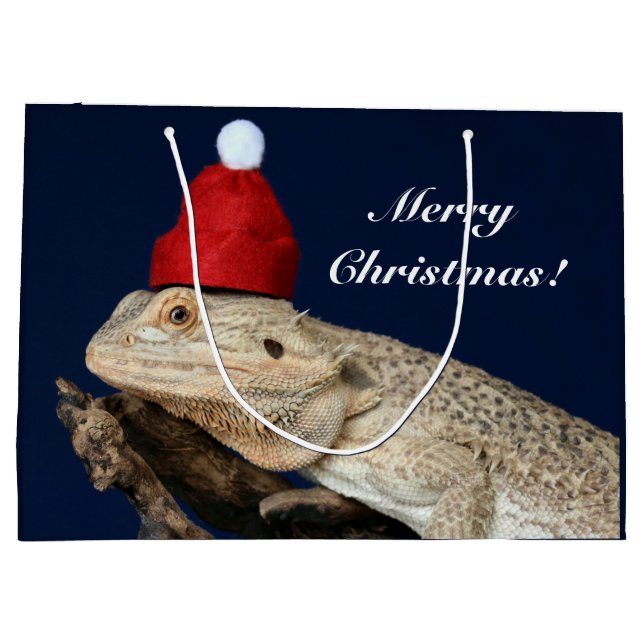 Merry Christmas Bearded Dragon Lizard - Santa Hat Large Gift Bag (Back)