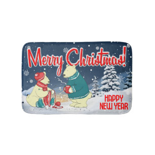 Merry Christmas Bears Winter Snow Holiday Scene Bath Mat
