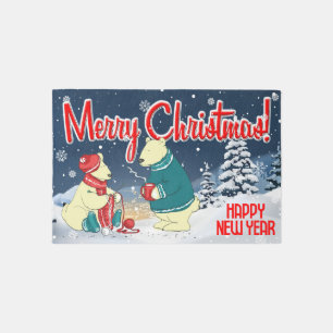 Merry Christmas Bears Winter Snow Holiday Scene Outdoor Rug