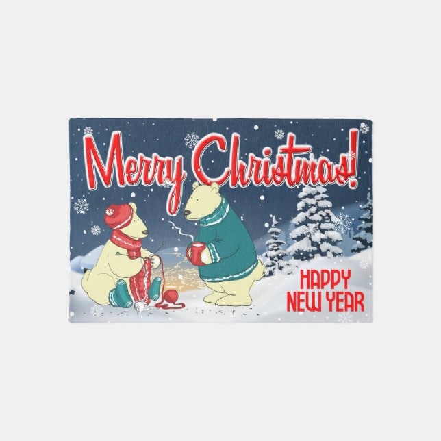Merry Christmas Bears Winter Snow Holiday Scene Outdoor Rug (Front)