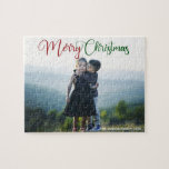 Merry Christmas Beautiful Family Photo Custom Gift Jigsaw Puzzle<br><div class="desc">Elegant Merry Christmas photo puzzle with beautiful cursive typography in red and green. This modern holiday family photograph features gorgeous script and your name in white over the full bleed picture for a great personalized holiday gift.</div>