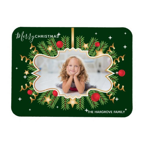 Merry Christmas Beautiful Green Gold Photo Wreath Magnet