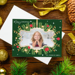 Merry Christmas Beautiful Green Gold Photo Wreath Postcard<br><div class="desc">Merry Christmas with this beautiful green and gold holiday card featuring a traditional holly wreath with red ornaments and chic gold stars. This pretty photo Christmas card exudes nostalgia and happiness with your custom photograph in the center.</div>