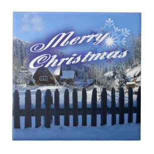 Merry Christmas - Beautiful Log Cabin in the Snow Ceramic Tile