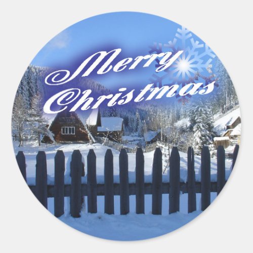 Merry Christmas _ Beautiful Log Cabin in the Snow Classic Round Sticker