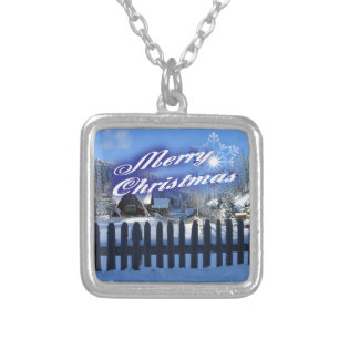 Merry Christmas - Beautiful Log Cabin in the Snow Silver Plated Necklace