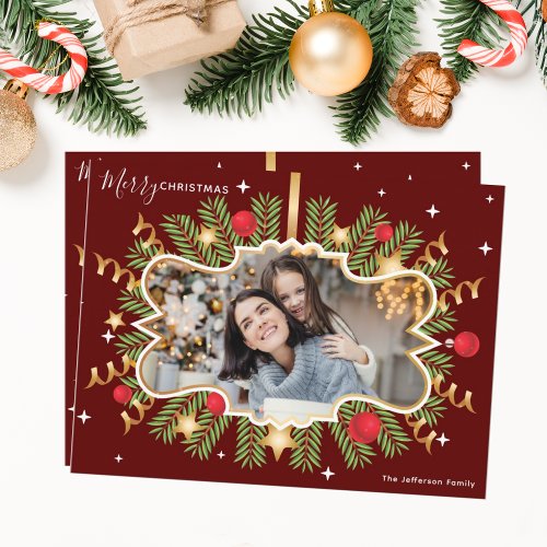 Merry Christmas Beautiful Red Gold Photo Wreath Postcard