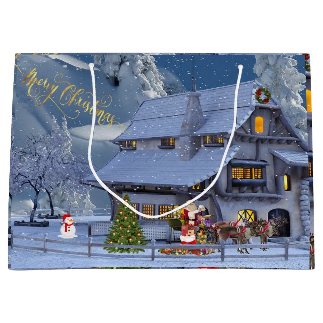 Merry Christmas Beautiful Winter Scene with Santa  Large Gift Bag (Front)