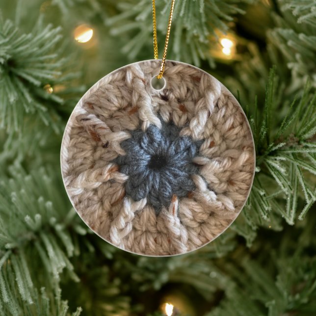 Merry Christmas Beige Blue Yarn Photo Crocheter Ceramic Ornament (Tree)