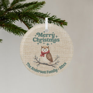 Merry Christmas beige burlap cute owl green Glass Ornament