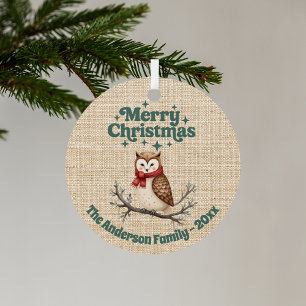 Merry Christmas beige burlap cute owl green Metal Ornament
