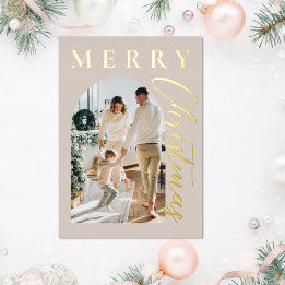Merry Christmas Beige Gold Arch Photo Foil Holiday Card