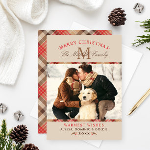 Merry Christmas Beige Red Monogram Plaid Photo Holiday Card