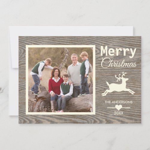 Merry Christmas Beige Rustic Wood Family Photo Holiday Card