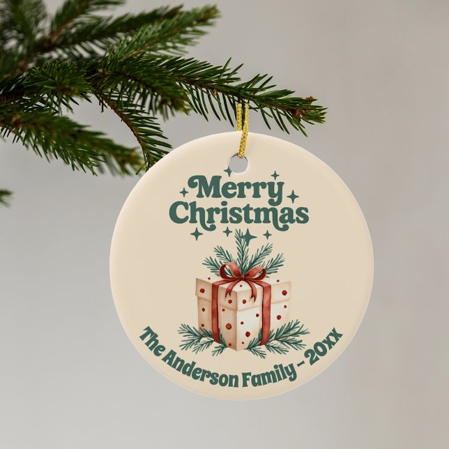Merry Christmas beige rustsic gift box green Ceramic Ornament (Creator Uploaded)