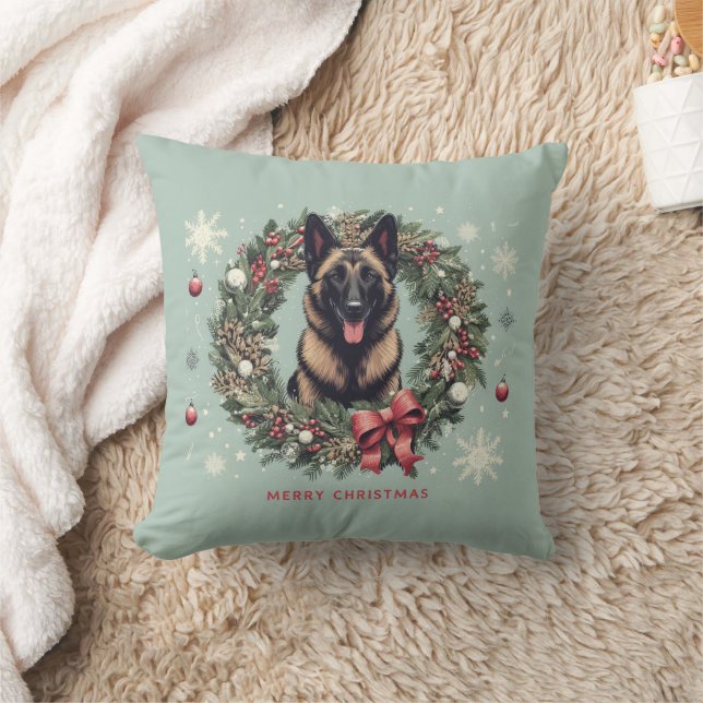 Merry Christmas Belgian Malinois Dog Xmas Throw Pillow (Blanket)