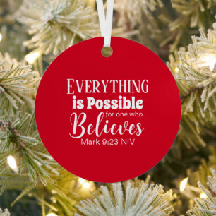 Merry Christmas Believe Bible Verse Christian Red Metal Ornament