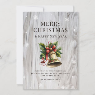 Merry Christmas Bell Holly Snowflake Rustic Holiday Card